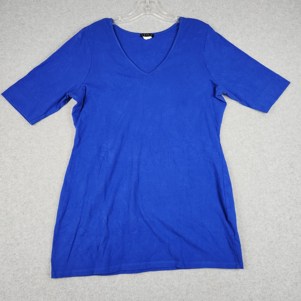 Venus T-Shirt Women XL Blue V-Neck Short Sleeve Stretch Cotton Basic Tee